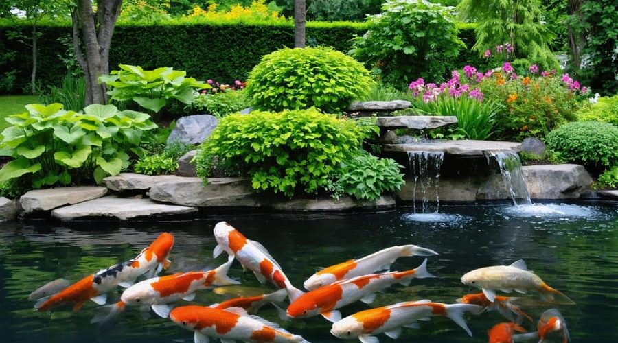 A vibrant garden thriving with strong plants and colorful flowers surrounding a serene pond with koi fish, showcasing the symbiotic relationship between pond water and garden health.