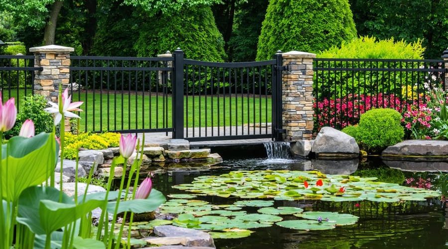 A serene garden pond surrounded by a tall black aluminum safety fence with a self-closing gate, enhancing both security and the natural beauty of the garden landscape.