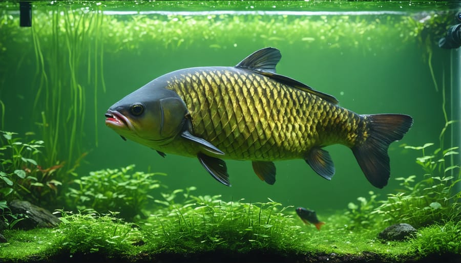 Grass carp swimming and eating aquatic plants in clear pond water