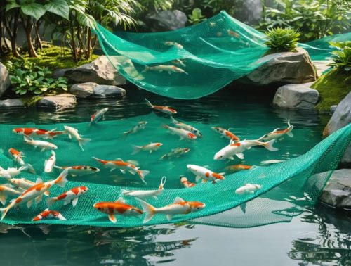 A serene pond with koi fish, aquatic plants, and a protective mesh net illustrating integrated pest management strategies.