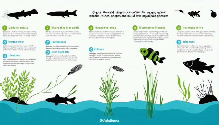 Visual diagram illustrating physical, biological, and chemical control methods for pond invasive species