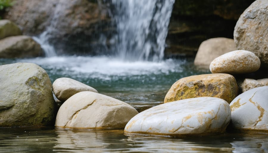 Detailed view of traditional Japanese stone arrangement around a cascading water feature