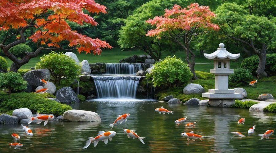 Serene Japanese water garden with a tranquil koi pond, elegantly positioned stones, a gentle waterfall, and vibrant maple trees under the glow of a traditional stone lantern.