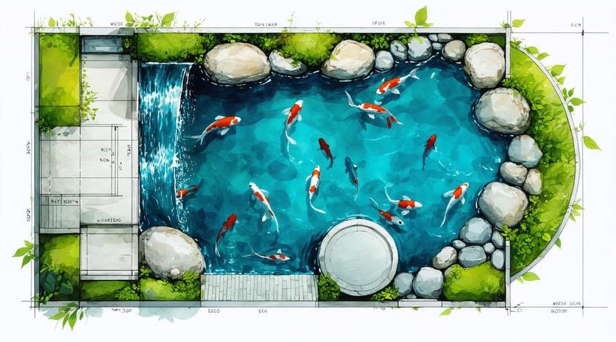 "Illustrative layout of a koi pond blueprint featuring designated zones for plants, filtration, koi swimming areas, and waterfalls, surrounded by greenery and stones, representing the complex design elements of a koi pond."