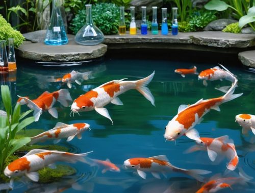 Vibrant koi fish swimming in a pond surrounded by aquatic plants, with subtle elements of water testing indicating the balance of pond chemistry.