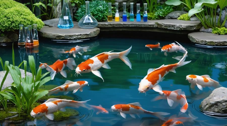 Vibrant koi fish swimming in a pond surrounded by aquatic plants, with subtle elements of water testing indicating the balance of pond chemistry.