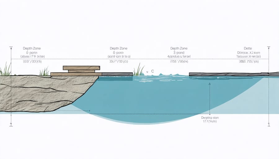 Cross-section diagram of a koi pond showing recommended depths and dimensions