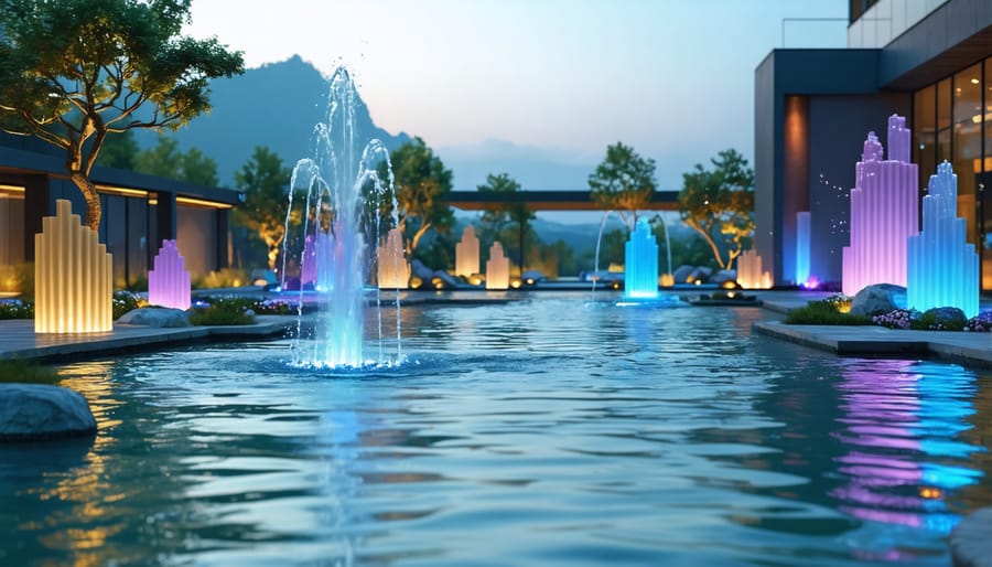 Garden pond at night with multicolored LED lighting and illuminated fountain jets