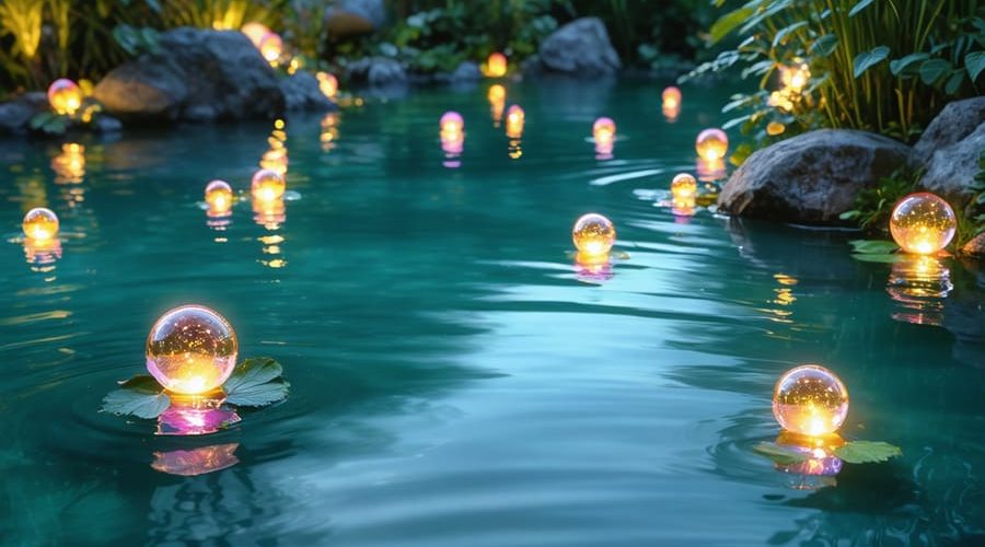 Enchanting garden pond at dusk with vibrant color-changing LED lights and glowing floating orbs illuminating the water, surrounded by lush greenery.