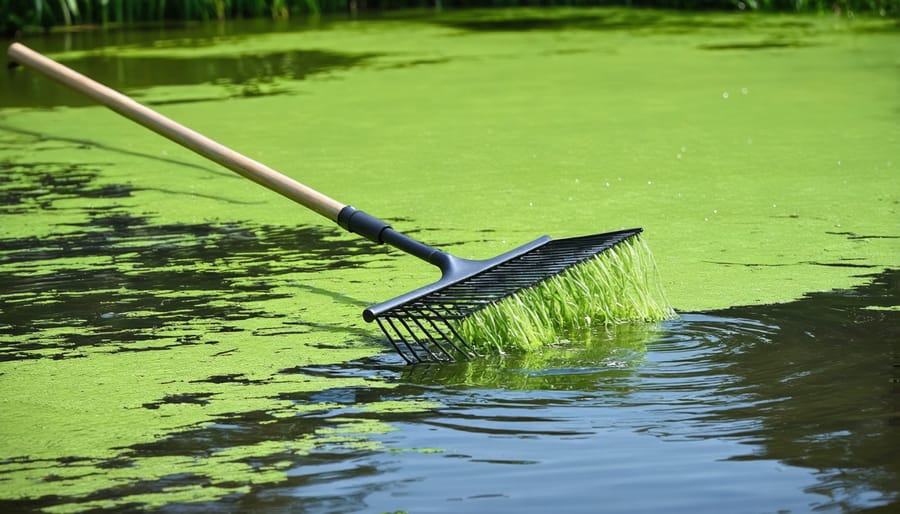 Person using a pond rake to remove string algae from the surface of a pond