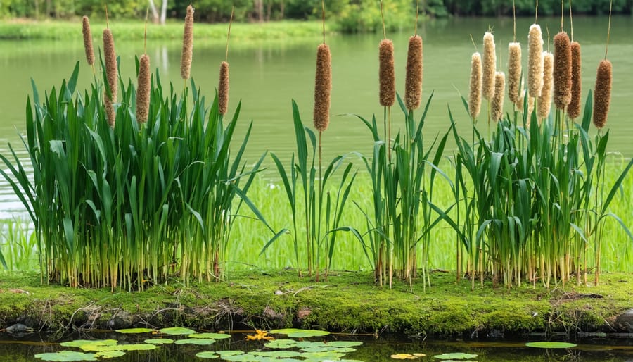 Various marginal pond plants growing naturally along the water's edge