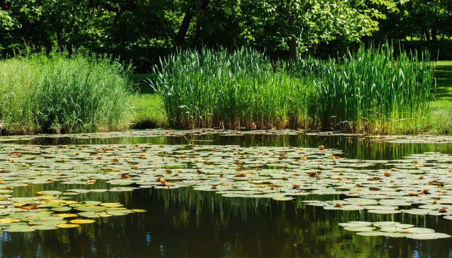 Different types of pond edge plants growing at varying water depths