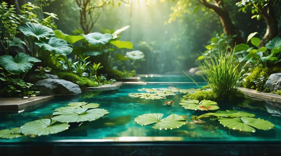 Conceptual illustration of a serene pond with diverse aquatic plants, showcasing advanced gardening techniques and a harmonious underwater ecosystem.