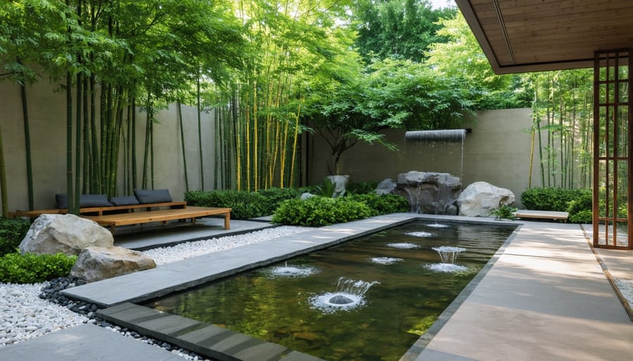 Contemporary interpretation of a Japanese water garden featuring a bamboo fountain and minimalist design