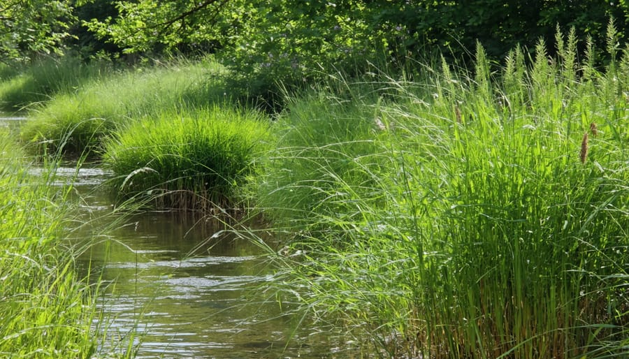 Close-up photograph of various native sedges and rushes growing in a bioswale garden