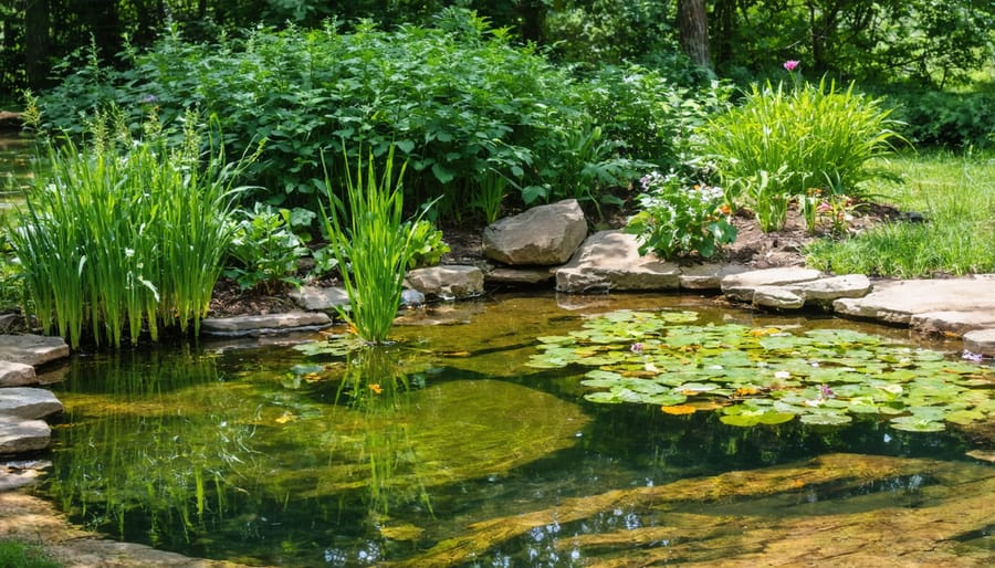 Healthy pond ecosystem showing integrated natural bog filtration with water plants