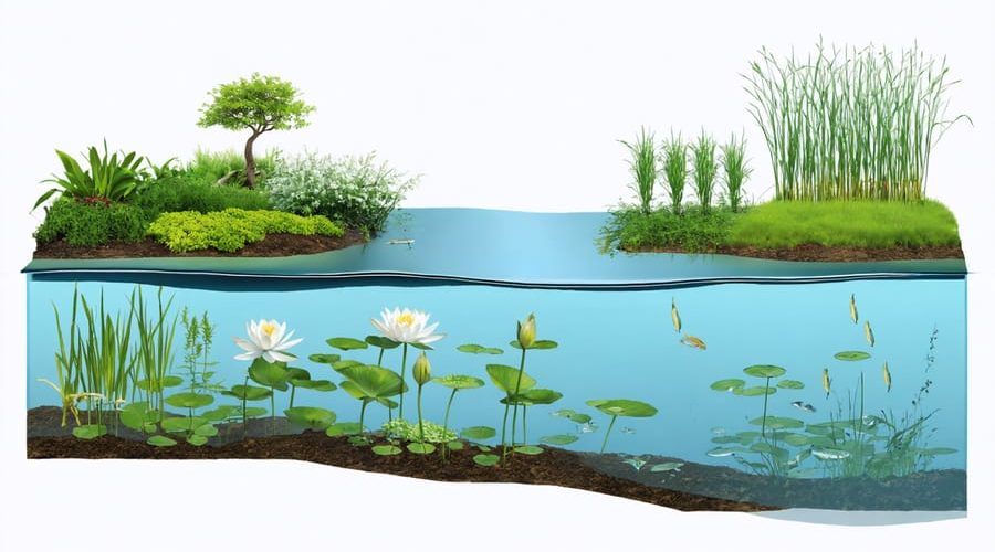 Conceptual illustration depicting a cross-section of a pond ecosystem with marginal plants on the edges, floating vegetation like water lilies on the surface, and submerged plants beneath, illustrating their harmonious interaction in a natural setting.