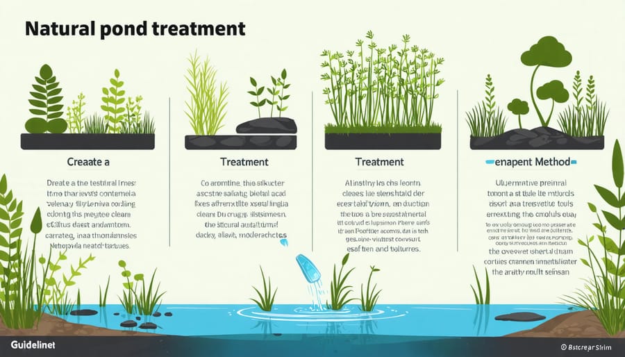 Visual guide showing different natural methods for maintaining pond water quality