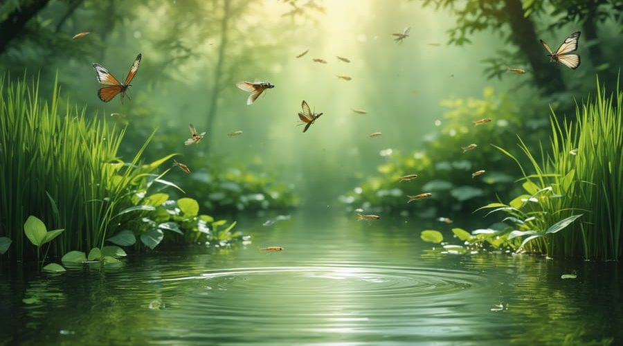 A tranquil pond featuring grass carp feeding on aquatic plants, surrounded by lush vegetation and colorful dragonflies hovering above the water.