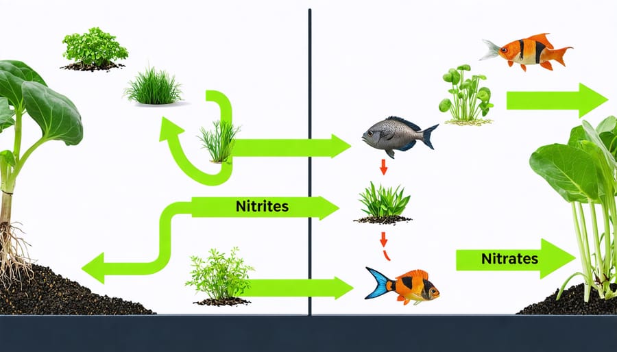 Illustration of the aquaponics nitrogen cycle showing the transformation of fish waste into plant nutrients