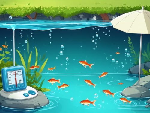 Illustration depicting a pond with a thermometer in the water, showing active fish and lush aquatic plants, alongside a floating shade and digital thermometer, symbolizing the importance of maintaining optimal temperatures.