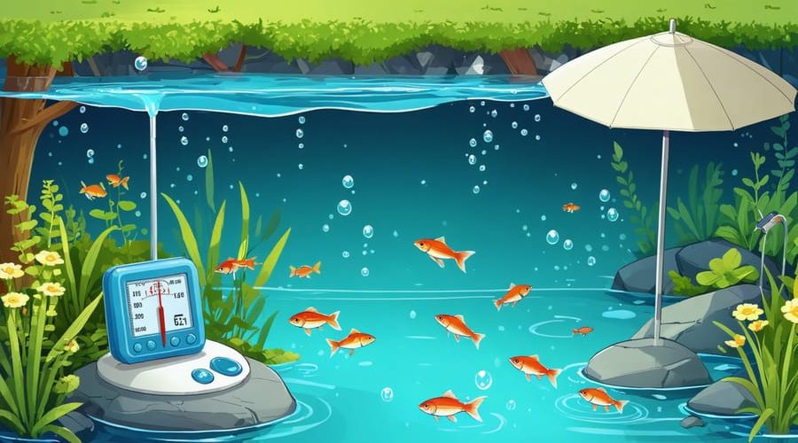 Illustration depicting a pond with a thermometer in the water, showing active fish and lush aquatic plants, alongside a floating shade and digital thermometer, symbolizing the importance of maintaining optimal temperatures.