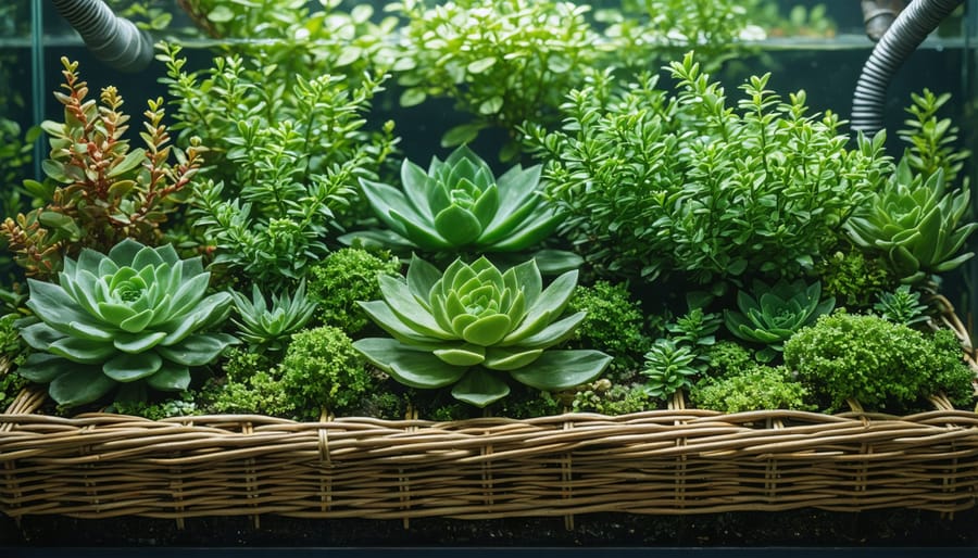 Sequential images showing how to plant pond edge plants in aquatic baskets