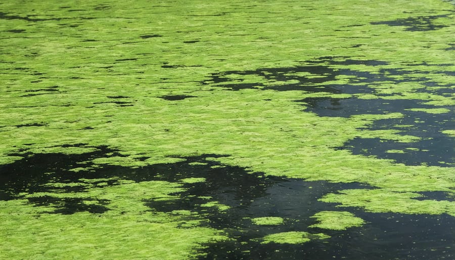 Dense green algae growth floating on pond surface water