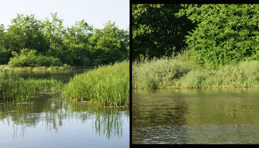 Side-by-side comparison of a bare pond bank versus one with healthy riparian vegetation