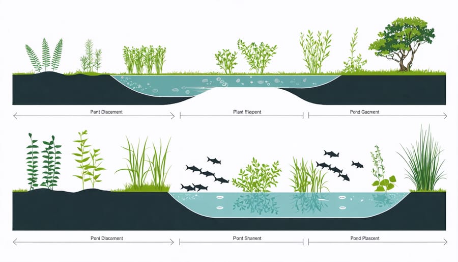 Illustrated cross-section of a pond showing shallow margins, deep zones, and vegetation layers