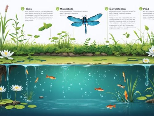 Infographic showcasing various microhabitats in a pond ecosystem, including surface zones with dragonflies and water lilies, middle layers with fish and aquatic plants, and a bottom zone with bacteria and decomposing matter.