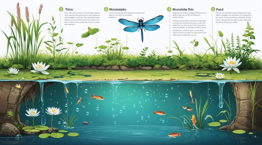 Infographic showcasing various microhabitats in a pond ecosystem, including surface zones with dragonflies and water lilies, middle layers with fish and aquatic plants, and a bottom zone with bacteria and decomposing matter.