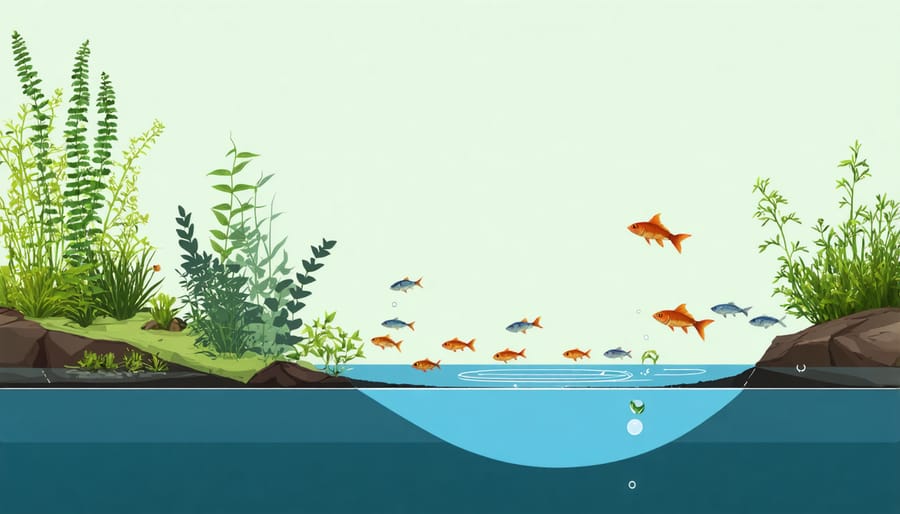 Diagram showing pond edge layers with marginal plants and fish seeking shelter