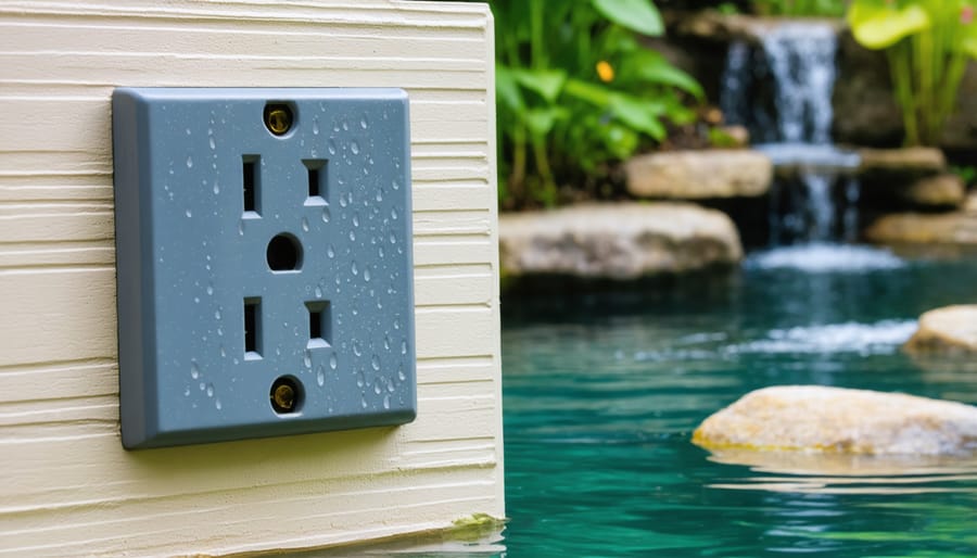 Weather-resistant GFCI outlet installation with protective cover near garden pond