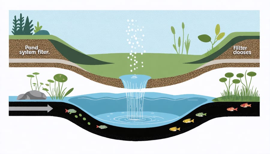 Detailed illustration of mechanical and biological filtration layers in a pond filter