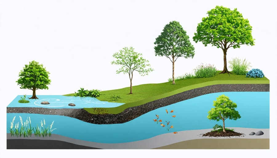 Illustrated cross-section of a pond showing surface, middle, and bottom zones with typical flora and fauna