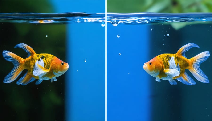 Split image comparing fish stress under bright artificial lights versus calm behavior in natural lighting