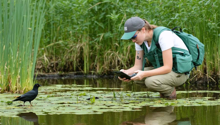 Person using monitoring equipment to check water quality and document invasive species presence