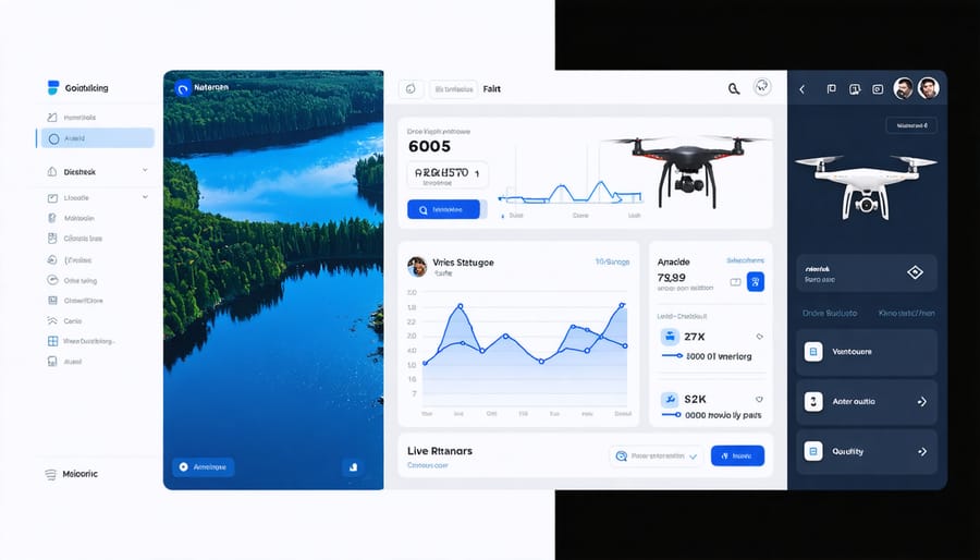 Digital dashboard displaying real-time pond monitoring data and drone camera feed