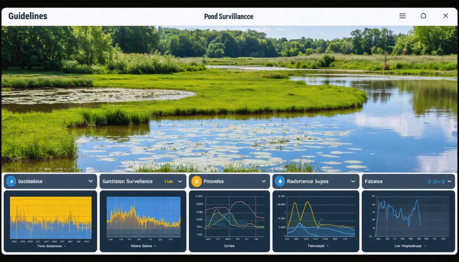 Modern pond monitoring system interface displaying camera feeds, motion alerts, and predator activity logs