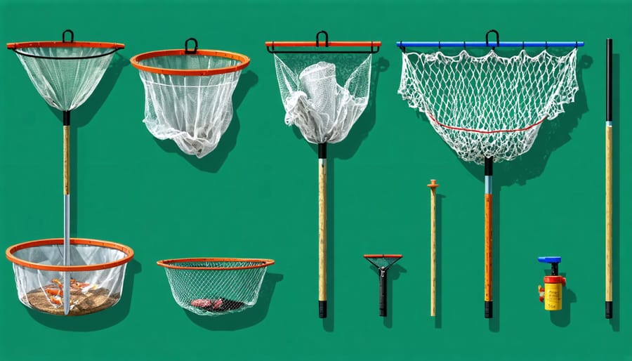 Display of essential pond maintenance nets including leaf skimmers, fish nets, and debris nets