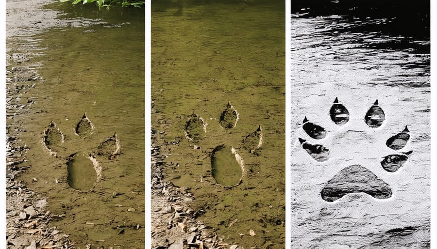 Compilation of common pond predator tracks including heron footprints, raccoon paw prints, and other identifying marks