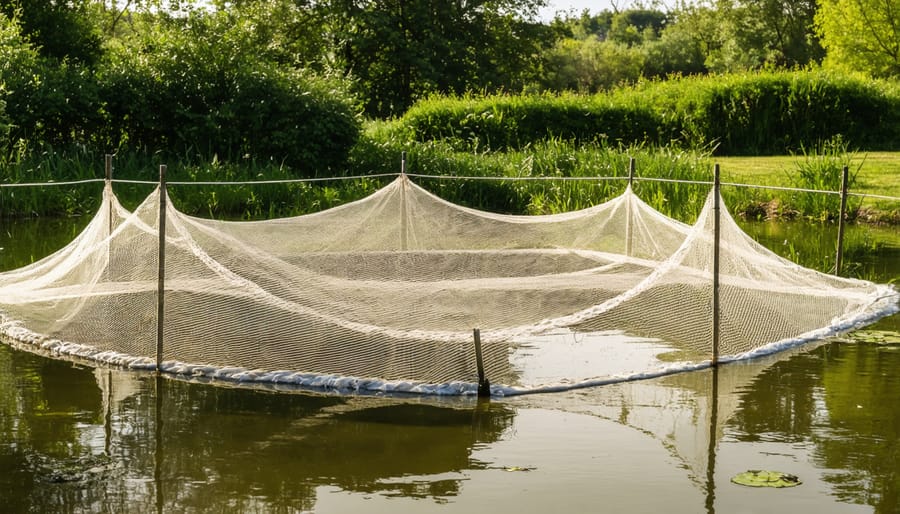 Comprehensive pond protection system featuring protective netting and decorative fencing