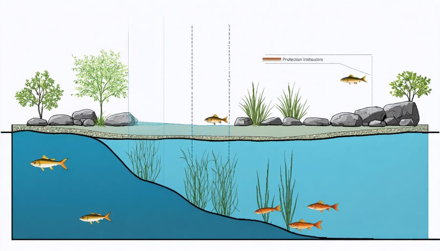 Cross-section illustration of pond showing deep zones and protective structures