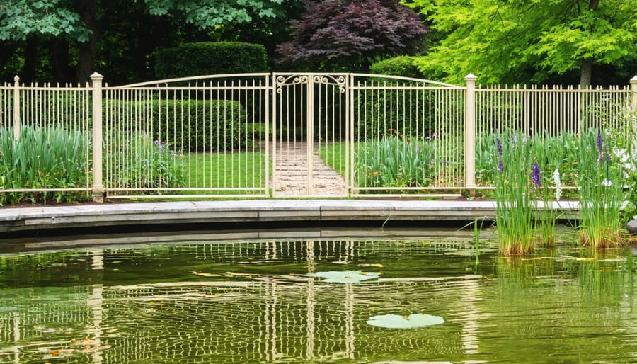 Garden pond surrounded by black aluminum safety fencing with self-closing gate