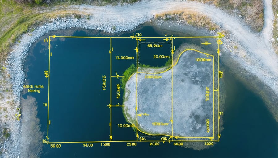 Overhead view showing pond site layout with marked boundaries and utility locations