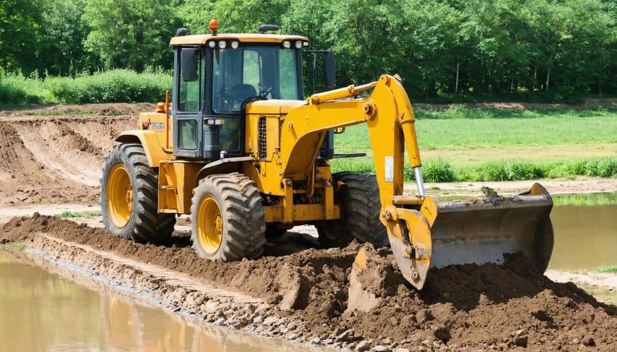 Tractor operator creating proper pond bank angles using backhoe attachment