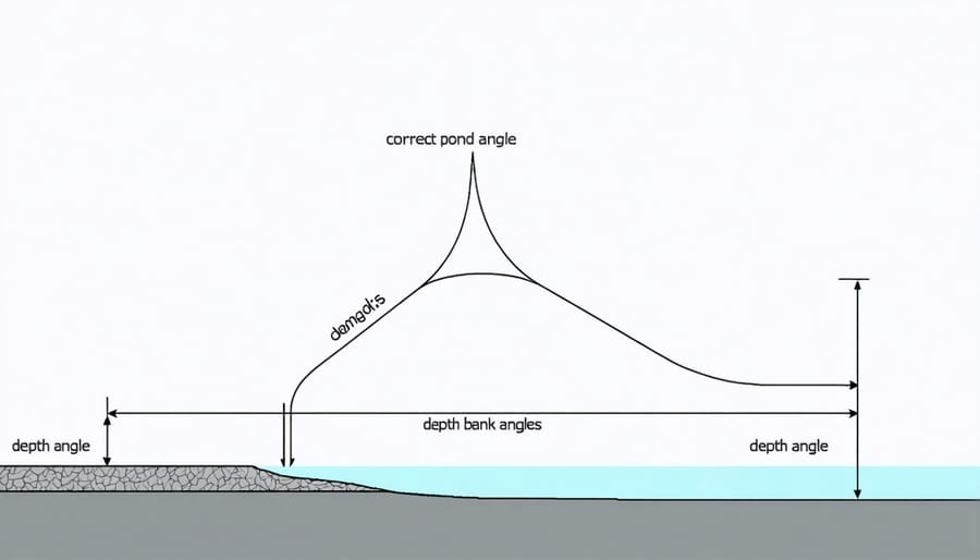 Technical illustration of pond cross-section with proper slope angles and depth specifications