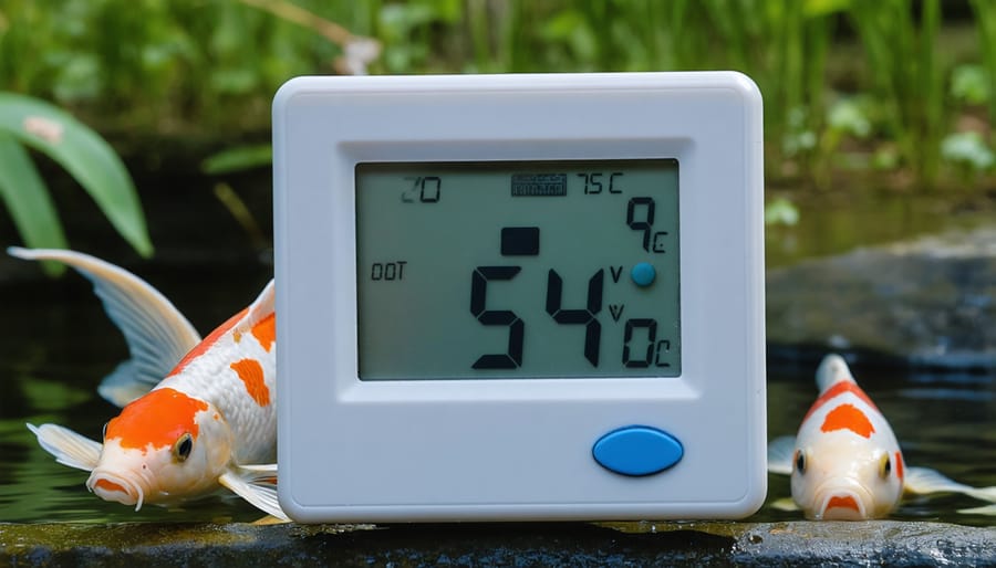 Pond thermometer showing optimal temperature reading in a koi pond setting