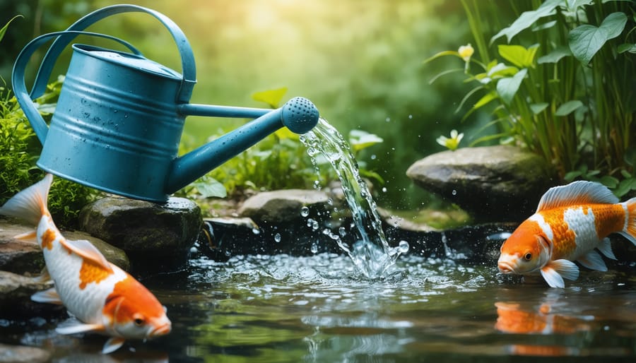 Gardener collecting pond water using a watering can from a well-maintained koi pond